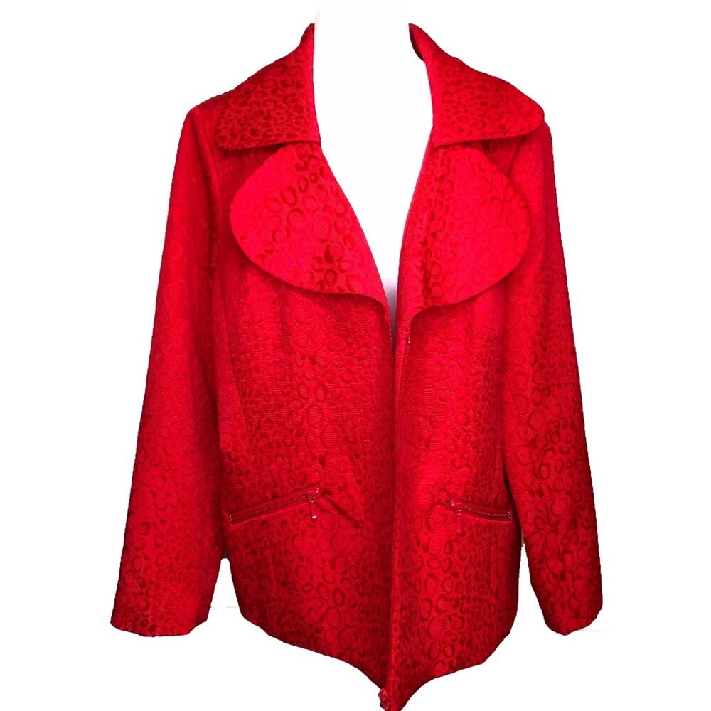 Laura Ashley Red Jacquard Zip Front Career Blazer Jacket Pockets Women's 2X